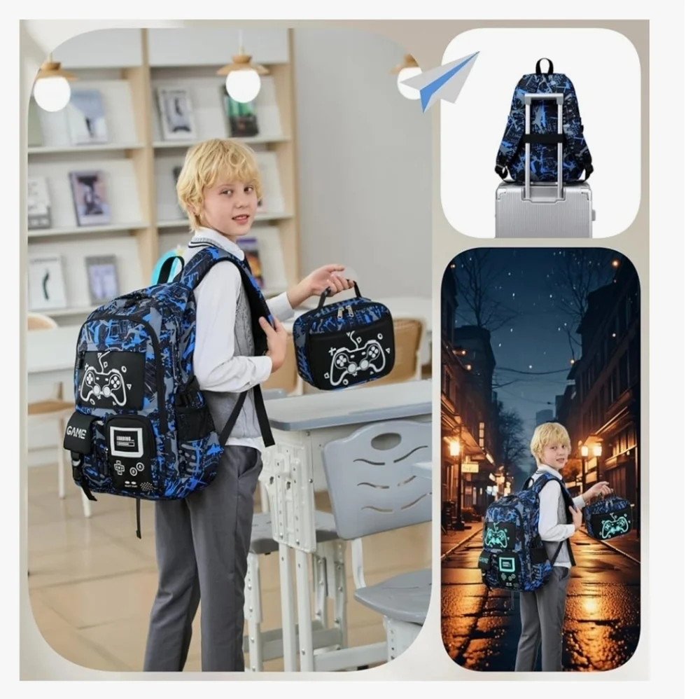 Blue and Black Gaming Backpack Set with Controller Design Glow In The Dark NWOT